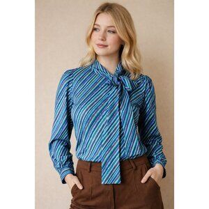 Vintage Secretary Blouse lavallière Bow 70s Retro Striped Retro Officecore Med